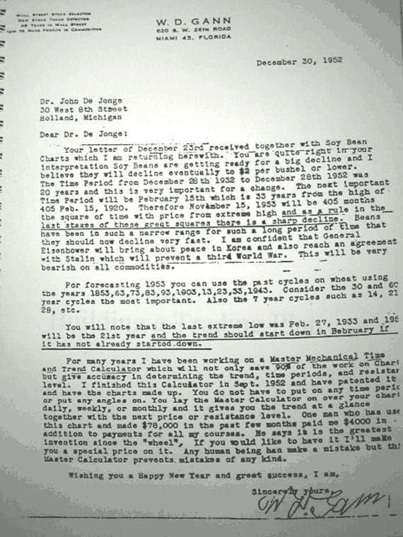 WD Gann letter 1952